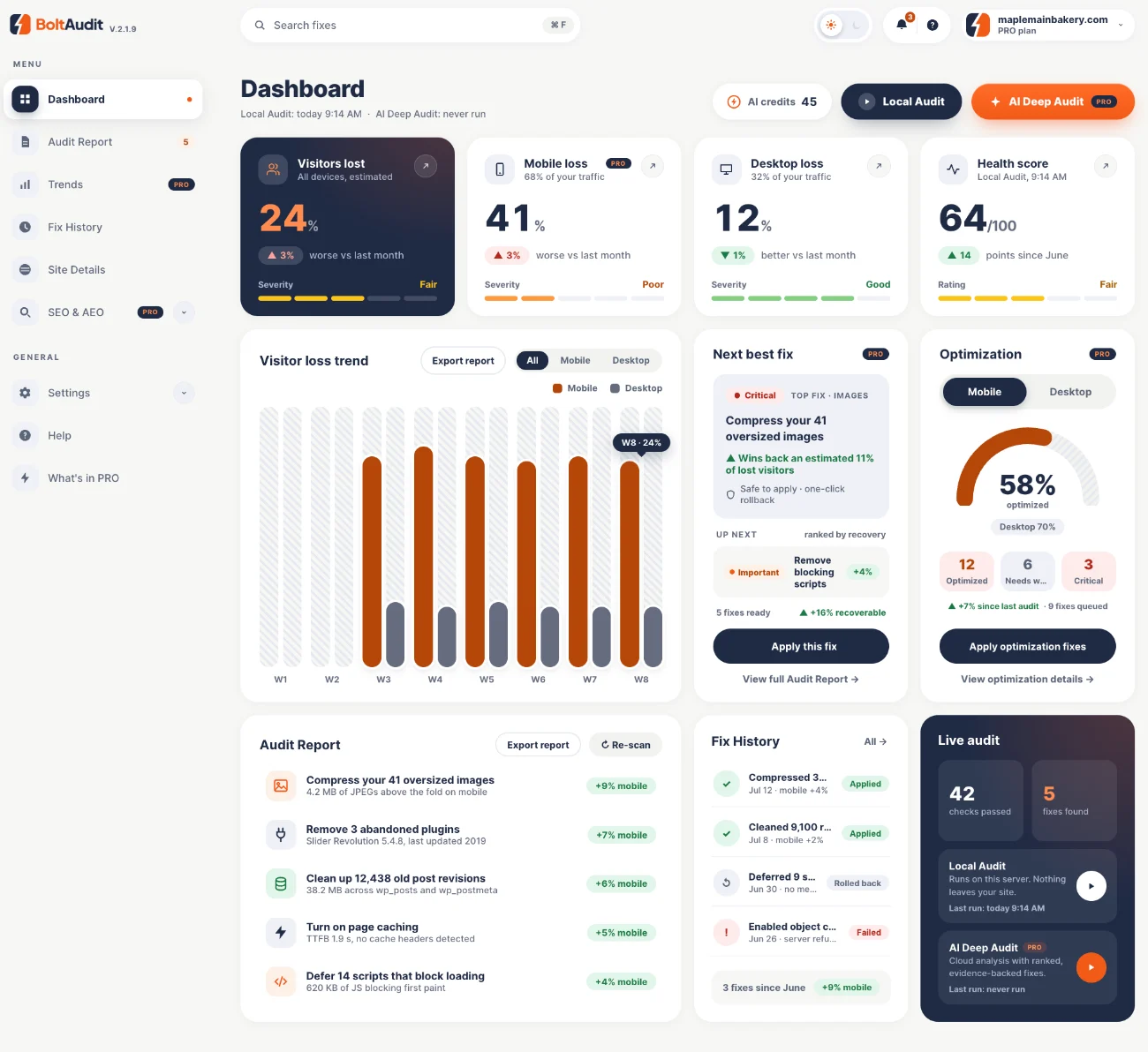 BoltAudit dashboard: visitors lost, ranked fixes, health score and visitor loss trend
